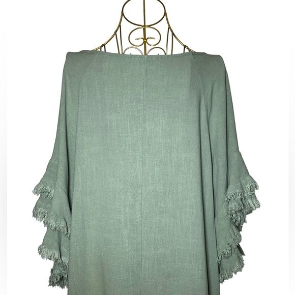 Umgee Boho Linen Blend Long Green Tunic Top w/ Fringed & Tiered Elbow Sleeves XL - Picture 7 of 12